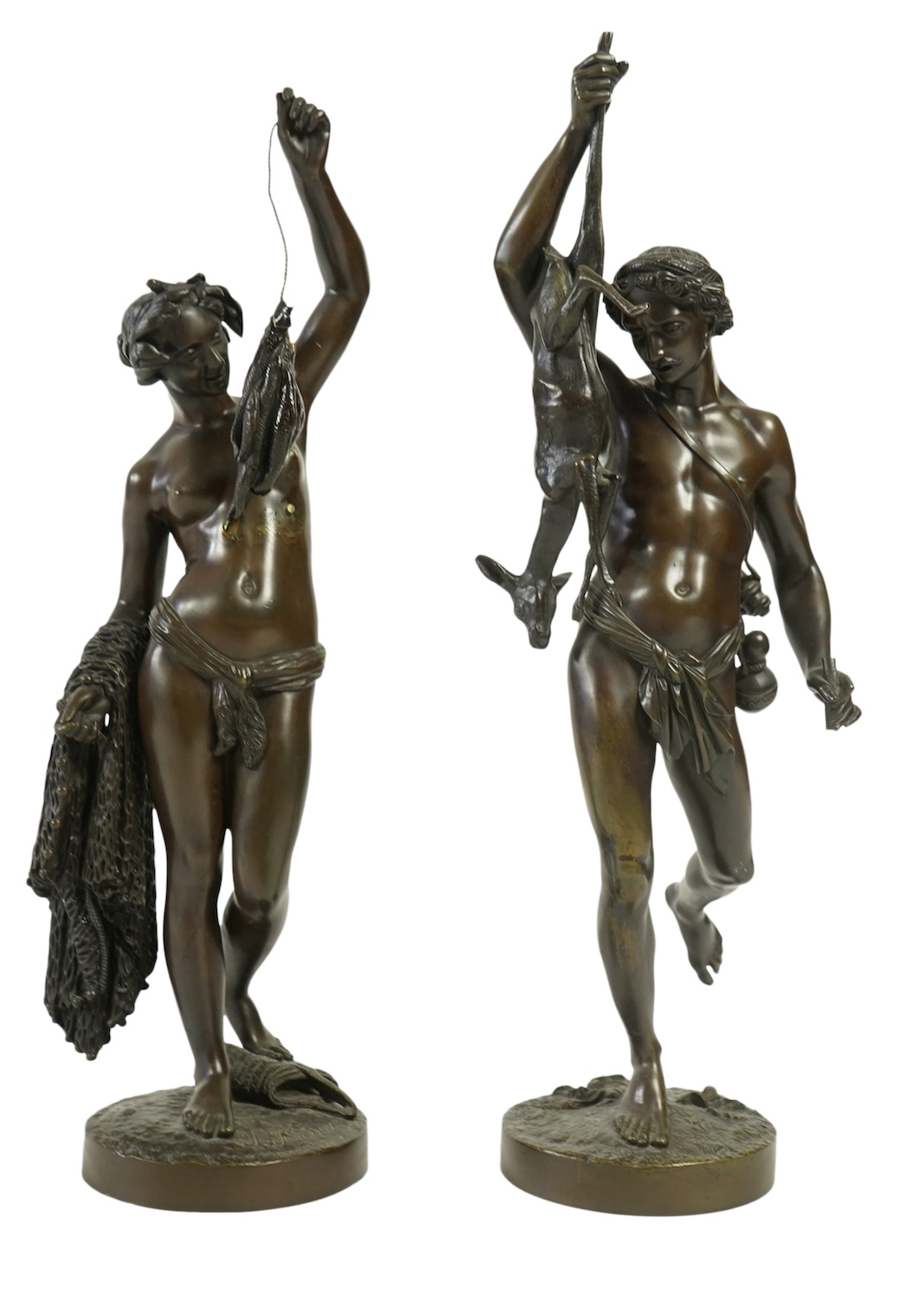 Jean-Jacques, called James Pradier (Swiss 1790-1852), a pair of bronze allegorical figures of fishing and hunting, La Pêche et La Chasse